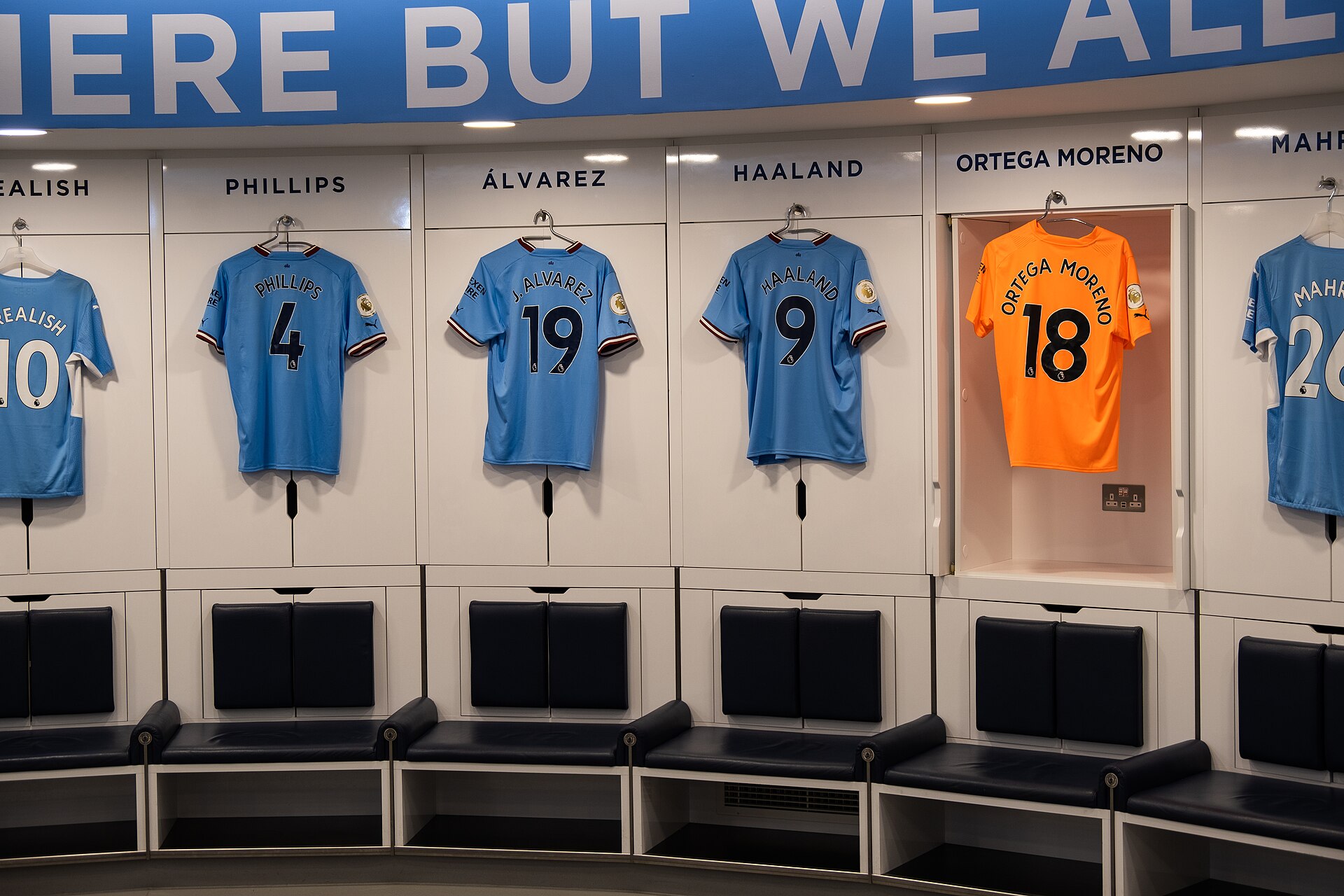 Kalvin Phillips, Julian Alvarez, Erling Haaland and Stefan Ortega kits in the Manchester City dressing room in July 2022.
