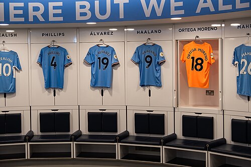 Kalvin Phillips, Julian Alvarez, Erling Haaland and Stefan Ortega kits in the Manchester City dressing room in July 2022.