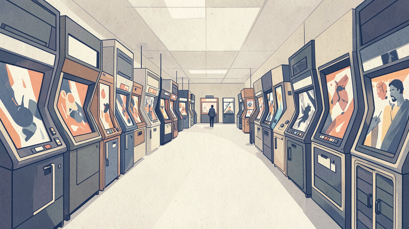 Illustration: an arcade hall of glowing cabinets with abstract screens