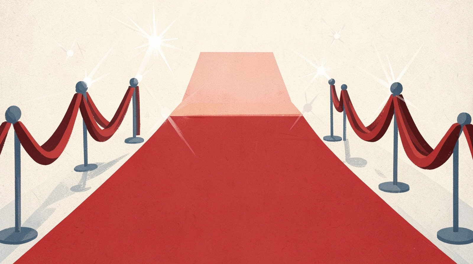 Illustration: an empty red carpet between velvet ropes, camera flashes as abstract bursts of light