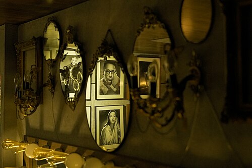 Retro black and white portrait photo in mirror