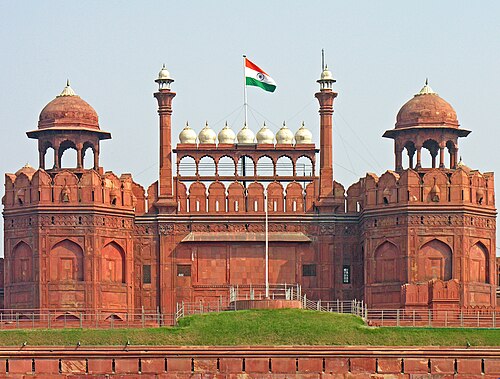 Red Fort - Closer view of the top part of the gate above the Meena Bazaar. Delhi, India