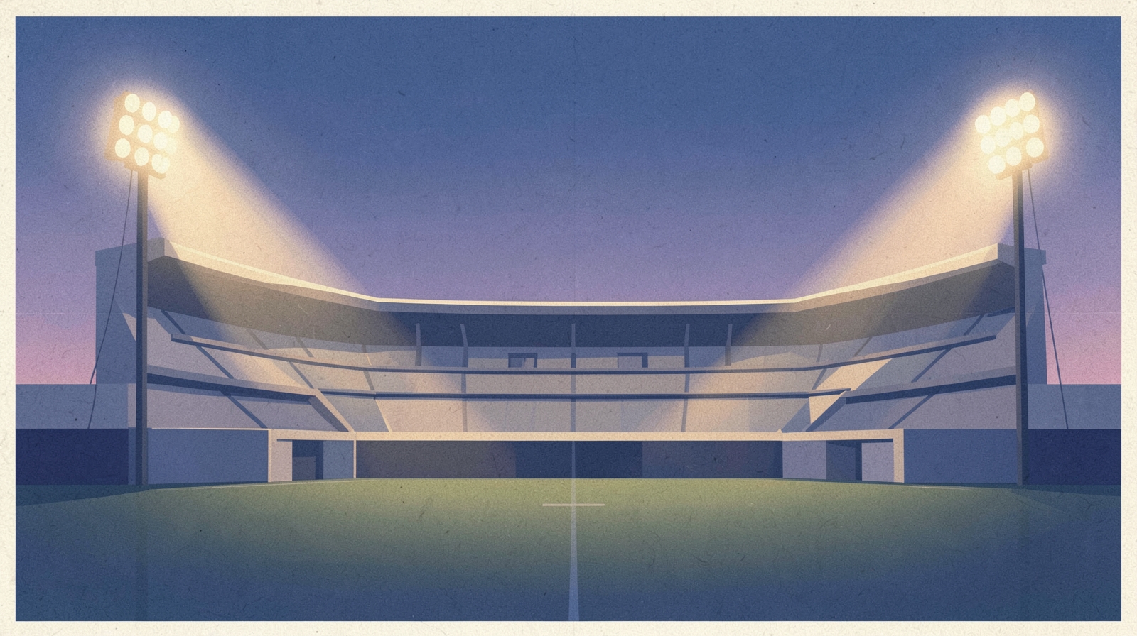 Illustration: an empty stadium under floodlights at dusk