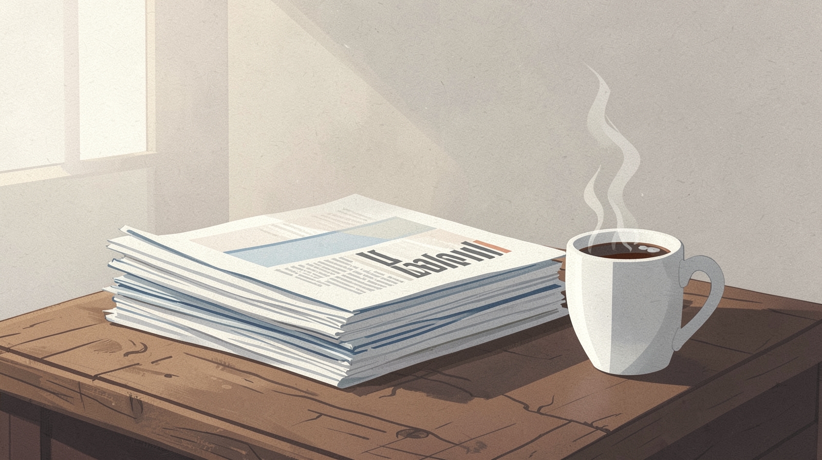 Illustration: a stack of folded newspapers on a wooden desk beside a cup of coffee, morning light through a window