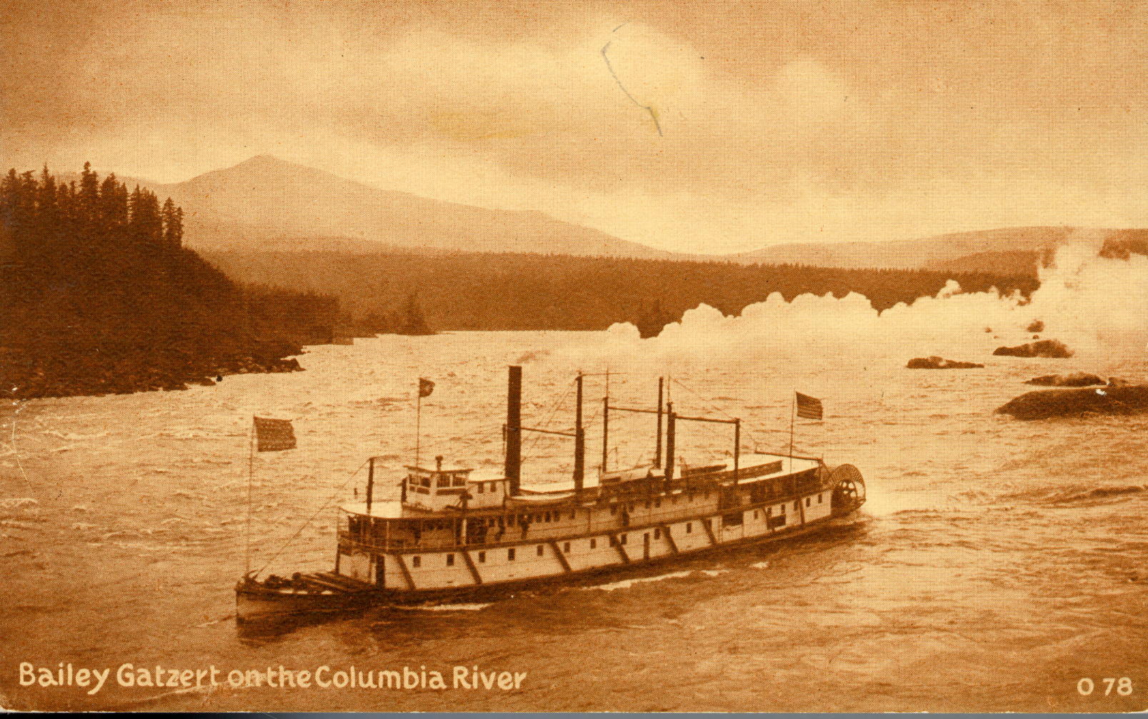 Sternwheeler Charles R. Spencer at Cascades, Oregon, circa 1906. This original is mislabeled as Bailey Gatzert, but comparison to other photos shows that…