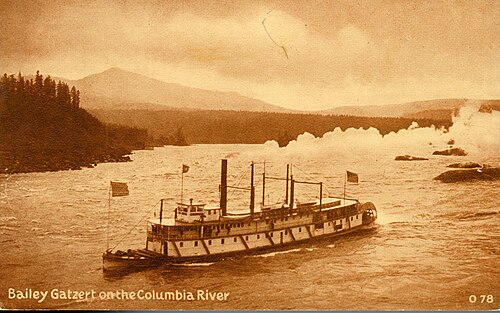 Sternwheeler Charles R. Spencer at Cascades, Oregon, circa 1906. This original is mislabeled as Bailey Gatzert, but comparison to other photos shows that…