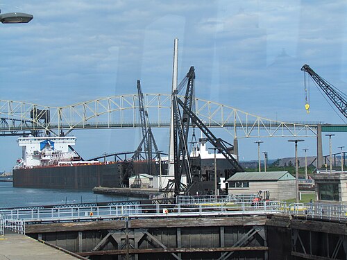 1000-foot lake freighter Walter J. McCarthy, Jr. entering the Poe Lock. Taken from headed into the Poe Lock down bound. Taken from the visitors center at the…
