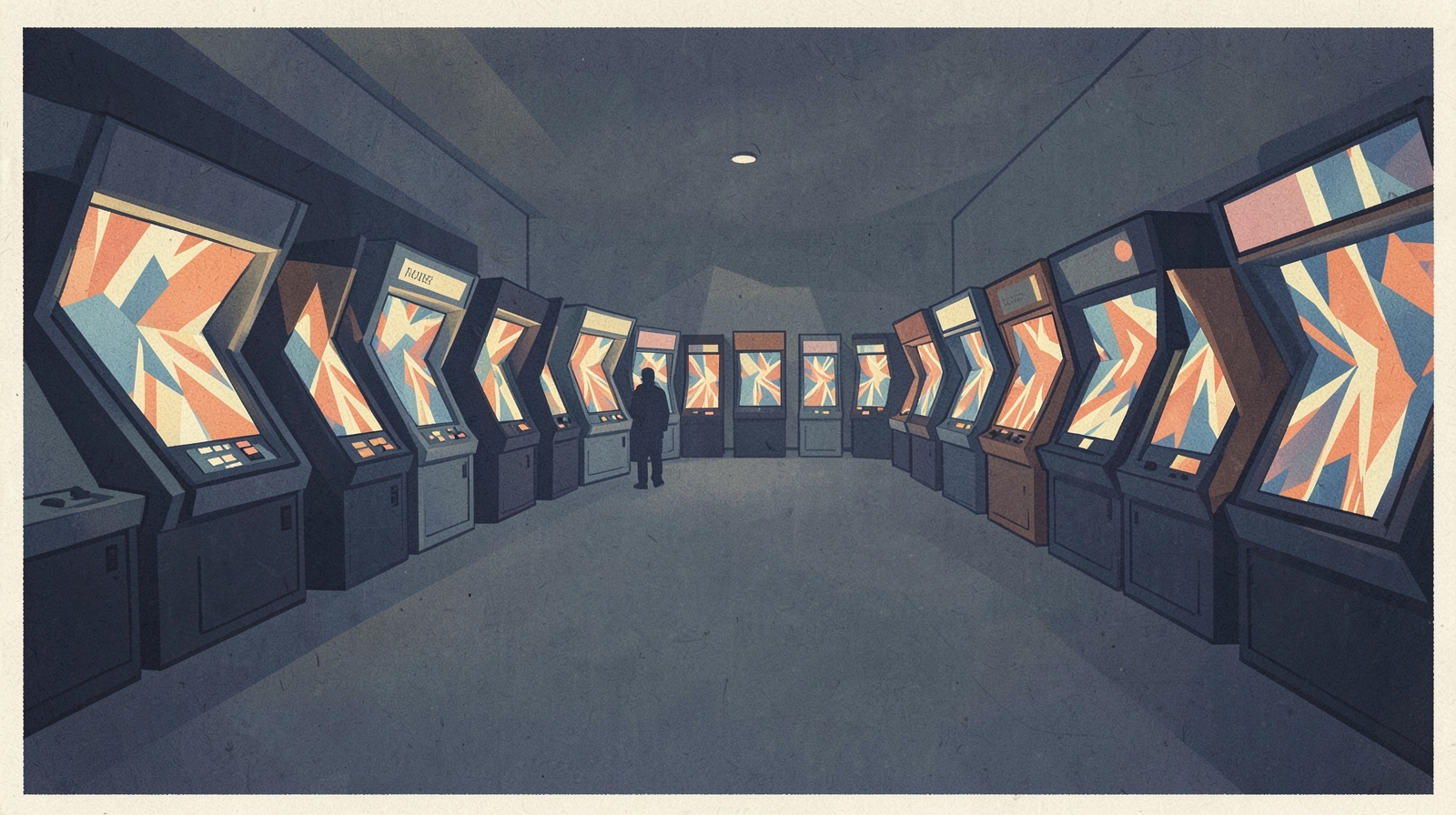 Illustration: an arcade hall of glowing cabinets with abstract screens