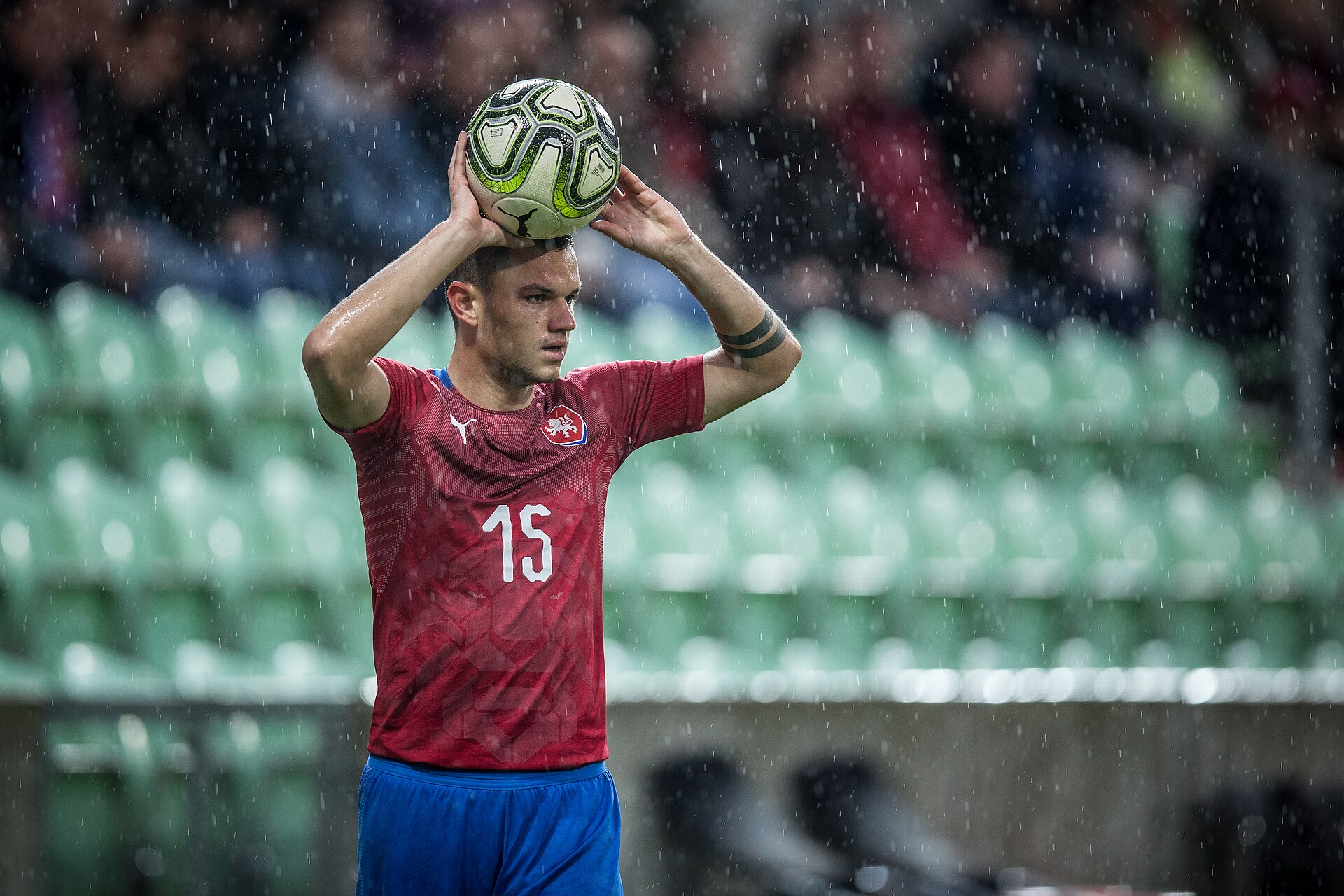 Daniel Souček playing for Czechia in European Under-21 Championship 2021 Qualifying Round between Czechia and Greece [1:1] (10 October 2019, City stadium…