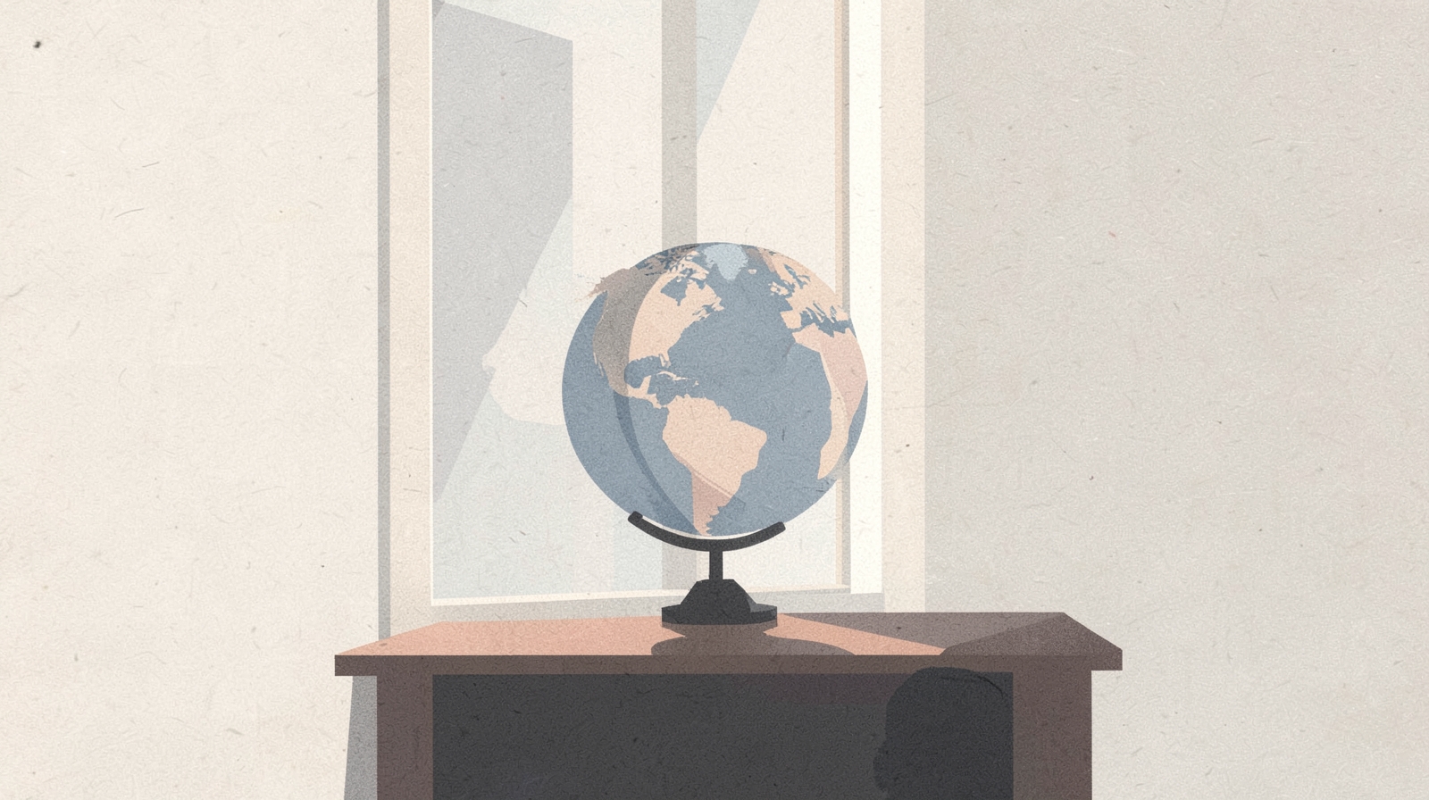 Illustration: a globe on a desk in front of a tall window