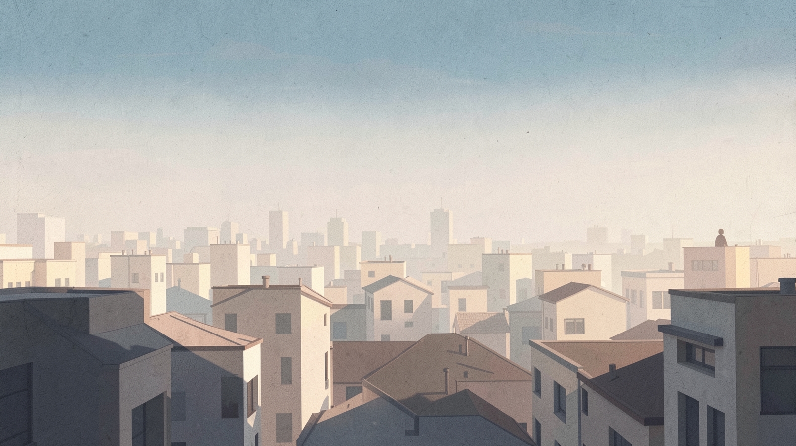 Illustration: a city skyline at dawn seen over rooftops, soft haze