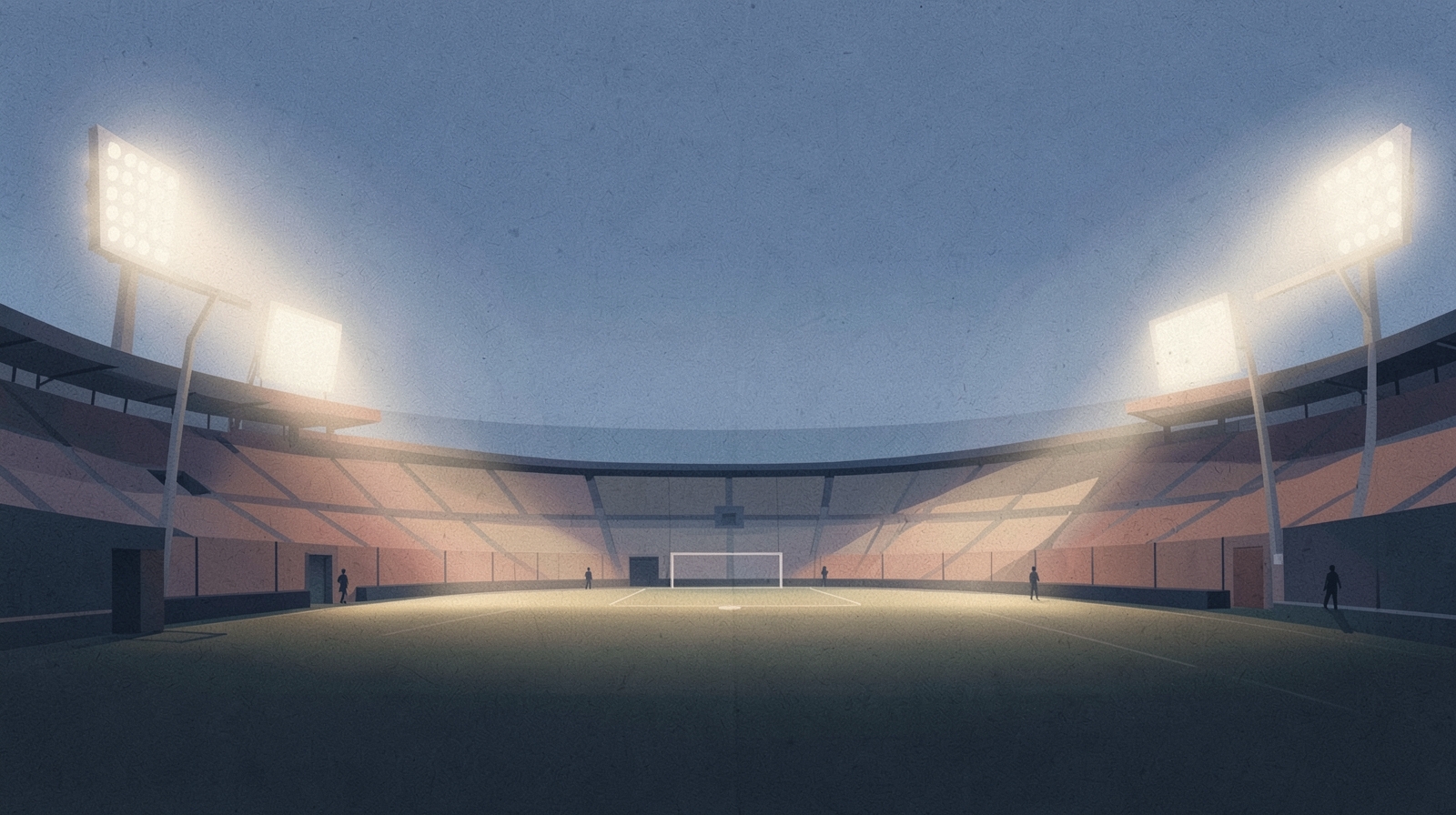 Illustration: an empty stadium under floodlights at dusk